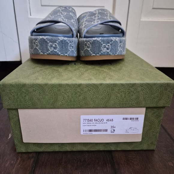 Gucci Shoes - Gucci Denim Blue Patterned Slides